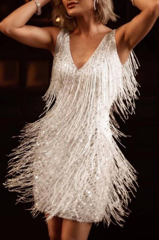Deep V-neck tassel sequined party mini dress