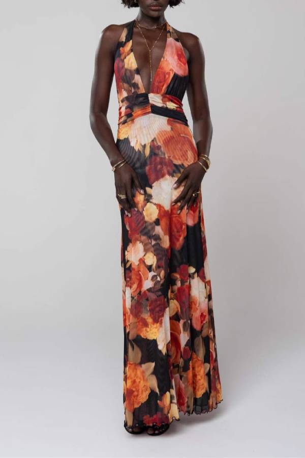 Halter-Neck Deep V Backless Printed Maxi Dress