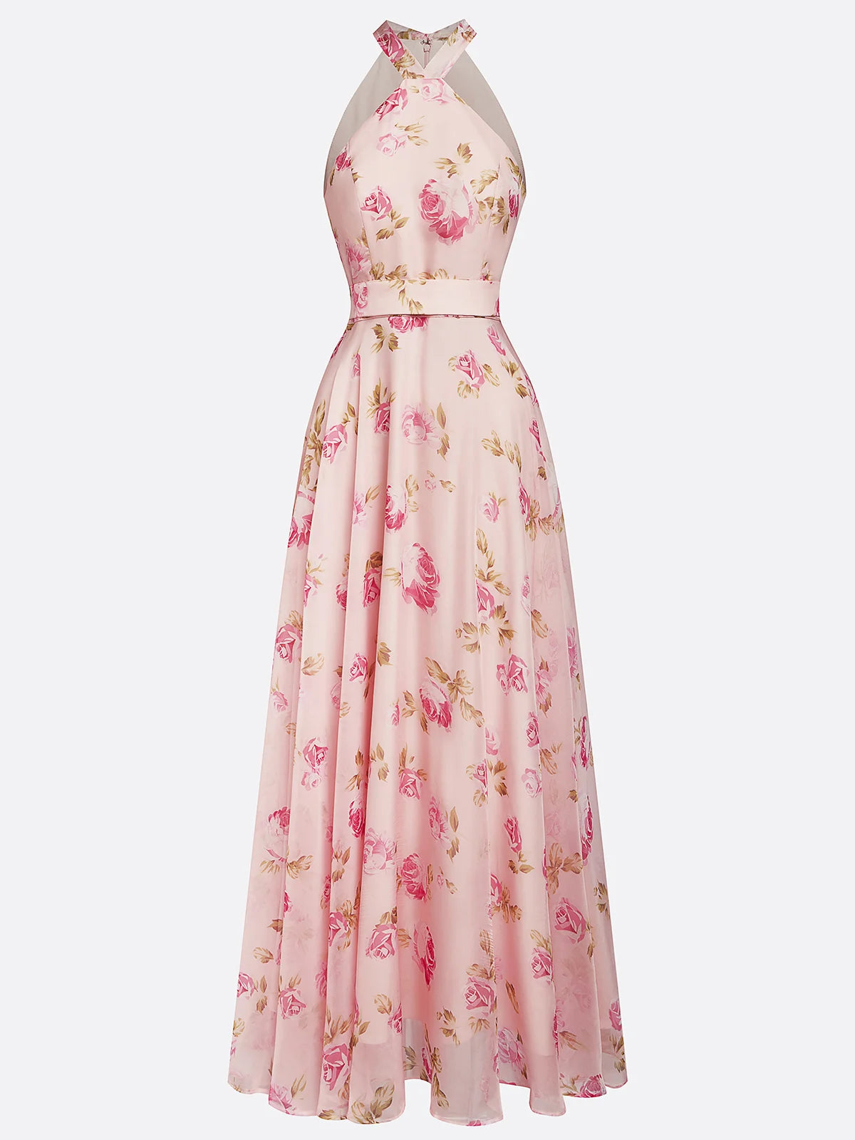 Pink Floral Chiffon Halter Sleeveless A-Line Maxi Dress