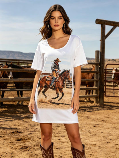 Women's Western Cowboy Print T-Shirt Dress Loose Fit Casual Summer Dress With Horse Riding Graphic
