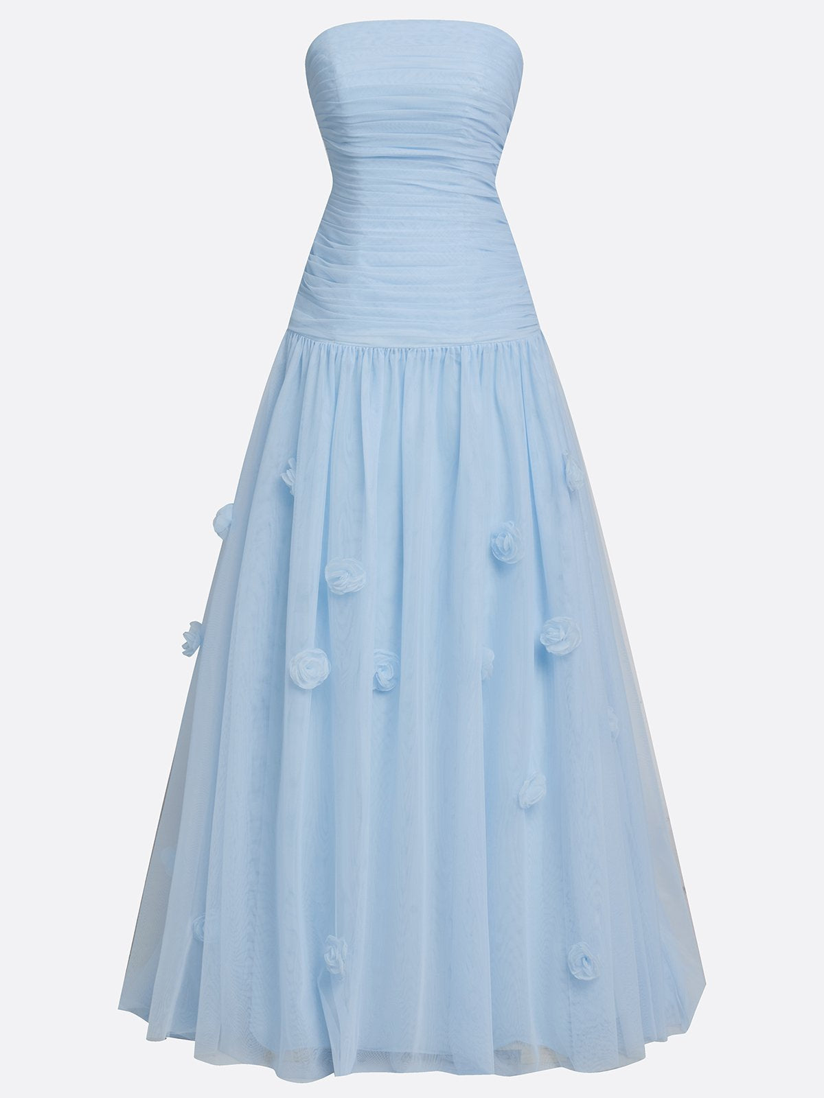 Light Blue 3D Floral Ruched Tulle Strapless Sleeveless A-Line Gown Dress