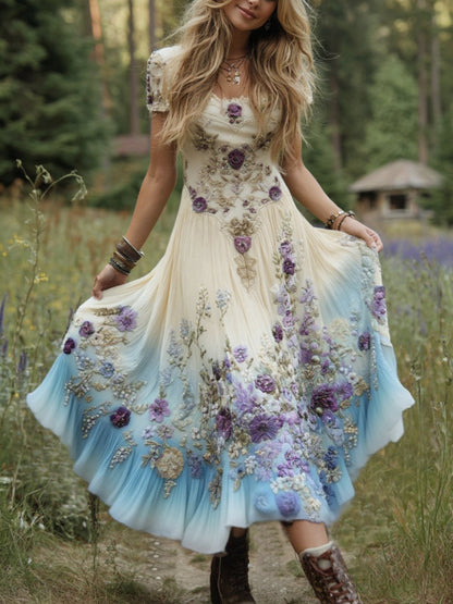 Classy Gradient Purple Lavender And Floral Embroidered Linen Maxi Dress a296