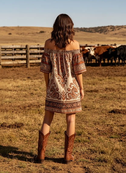 Women's Western Cowboy Cotton Printed Off-Shoulder Boho Dress With Flared Hem And Short Sleeves