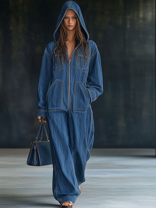 Casual Loose Retro Pocket Long Sleeve Hooded Zipper Denim Jumpsuit