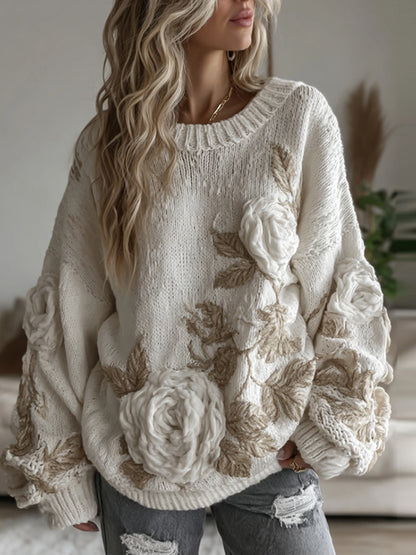 Women's Vintage White Rose Art Cozy Knit Sweater