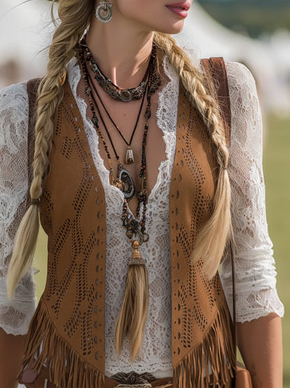 Faux Suede Fringe Vest - Boho Western Style Sleeveless Jacket For Women