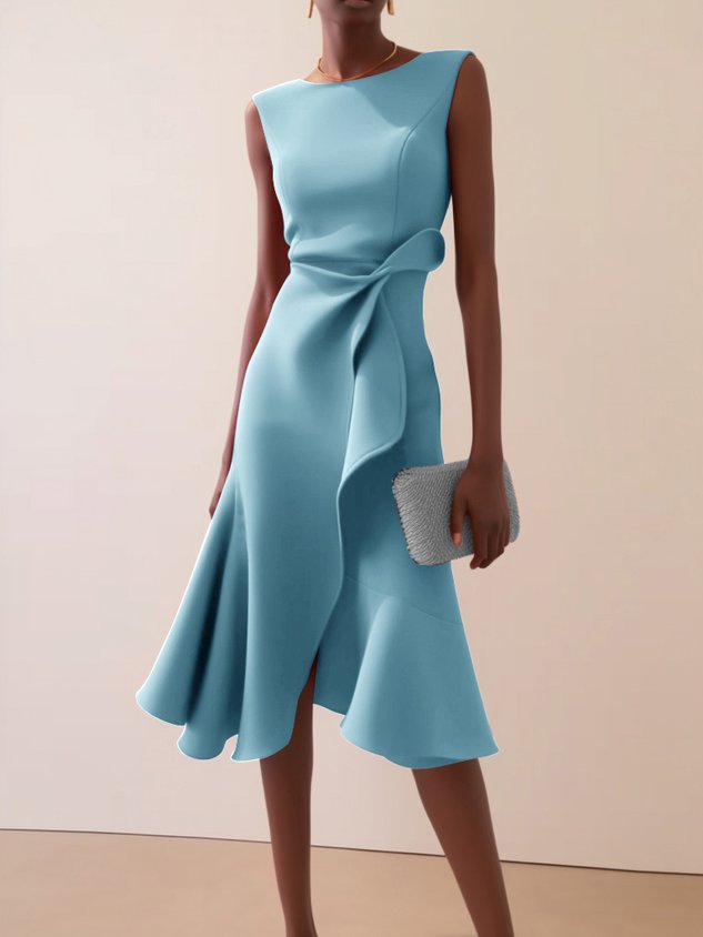 Red Asymmetric Ruffled Classic Boat Neck Sleeveless Midi Elegant A-line Dress with Waist Twist for Day-to-Night