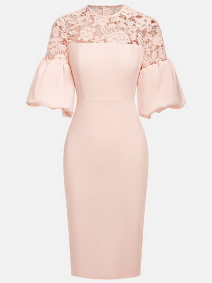 Pink Lace Classic Crew Neck Short Sleeve Balloon Sleeve Sheath Midi Dress