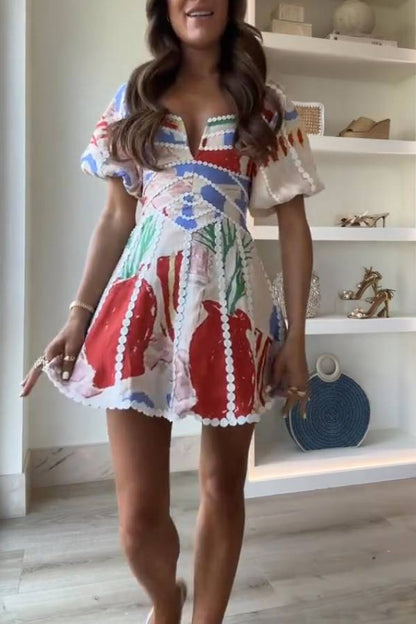 Linen Blend Trims Unique Print Puff Sleeve Mini Dress