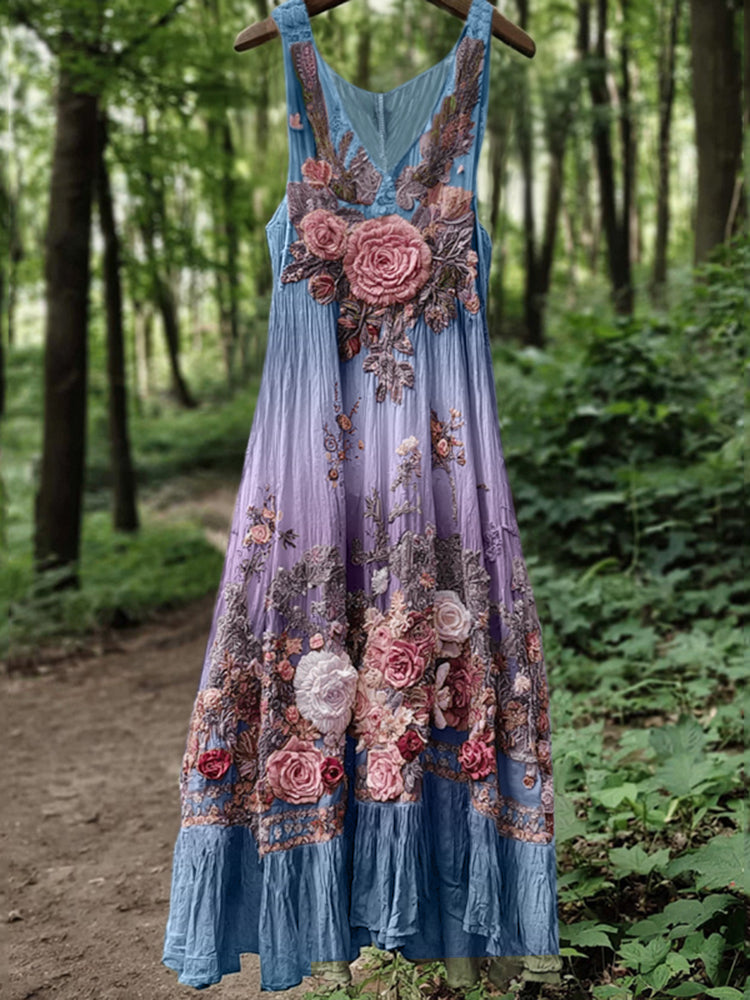 Vintage Classy Boho Gradient Pink Roses Embroidered Linen Maxi Dress 3fee