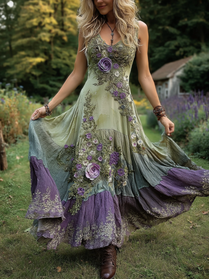 Classy Gradient Purple Lavender And Floral Embroidered Linen Maxi Dress 06e3