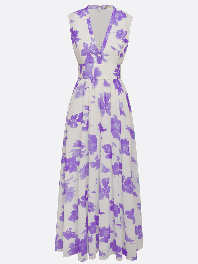 Lavender Purple Floral Chiffon V Neck Sleeveless A-Line Maxi Dress