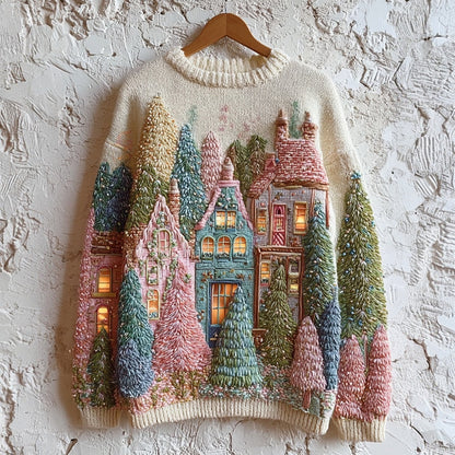 Vintage Christmas Cottage Embroidered Cozy Knit Sweater