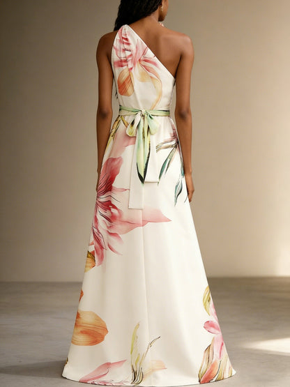 Pink Floral Satin One Shoulder Sleeveless A-Line Floor-length Gown With Pockets