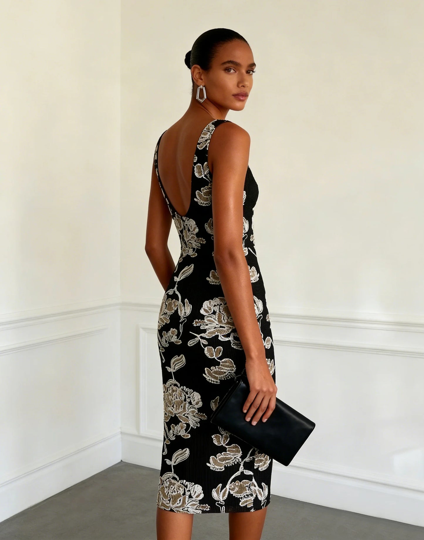 Black Jacquard Classic V Neck Sleeveless Sheath Midi Dress