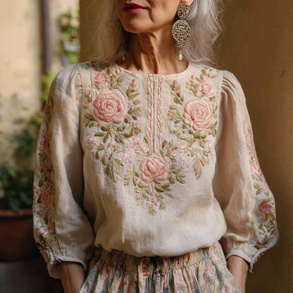 Women's Vintage Pink Floral Design Cotton And Linen Blend Shirt