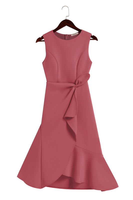 Pink Asymmetric Ruffled Classic Boat Neck Sleeveless A-Line Midi Dress
