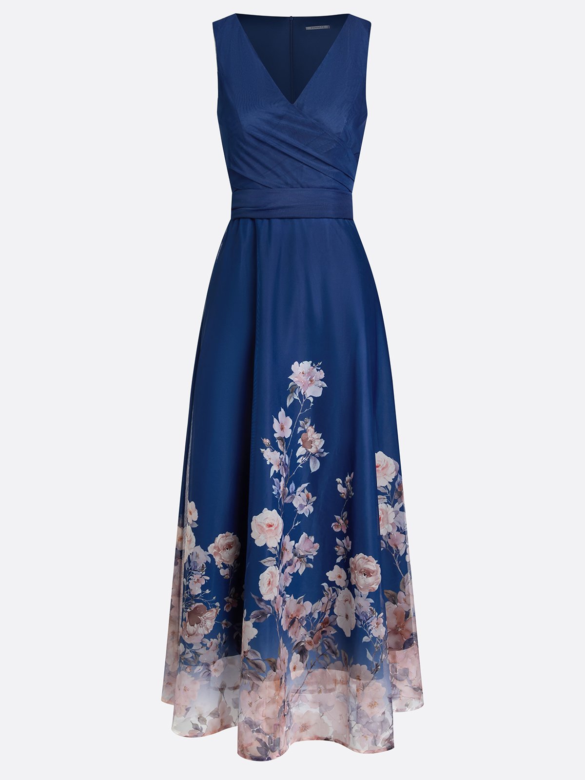 Navy Blue Floral Mesh V Neck Sleeveless A-Line Maxi Dress