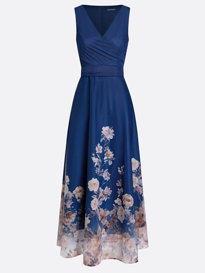 Navy Blue Floral Mesh V Neck Sleeveless A-Line Maxi Dress