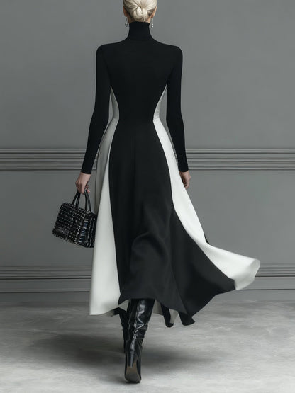 Black And White Stitching Knitted Maxi Dress