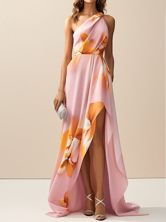 Pink Asymmetric Floral Classic One Shoulder Sleeveless A-Line Maxi Dress