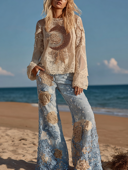 Seaside Stars and Moon Retro Top + Pants Set 5290