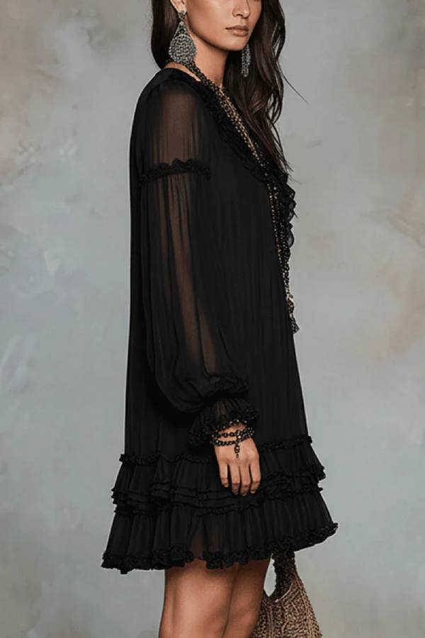 Black V-neck Lantern Sleeve Ruffled Chiffon Mini Dress