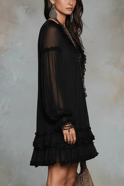 Black V-neck Lantern Sleeve Ruffled Chiffon Mini Dress