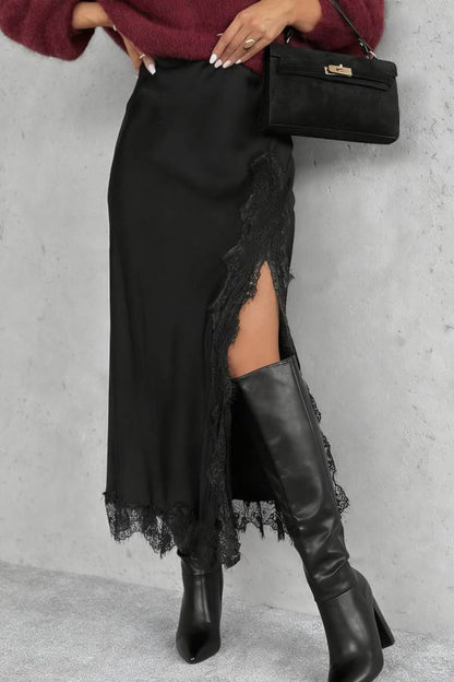 Hot Topic Chocolate Viscose Satin Midi Skirt with Lace