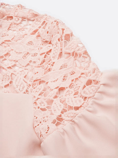 Pink Lace Classic Crew Neck Short Sleeve Balloon Sleeve Sheath Midi Dress