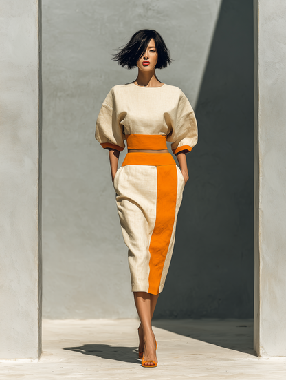 Women’s Beige & Orange Linen-Blend Two-Piece Set: Puff Sleeve Crop Top & Color Block Midi Skirt With Pockets MDZ2198D7T