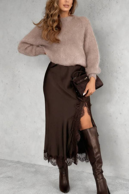 Hot Topic Chocolate Viscose Satin Midi Skirt with Lace