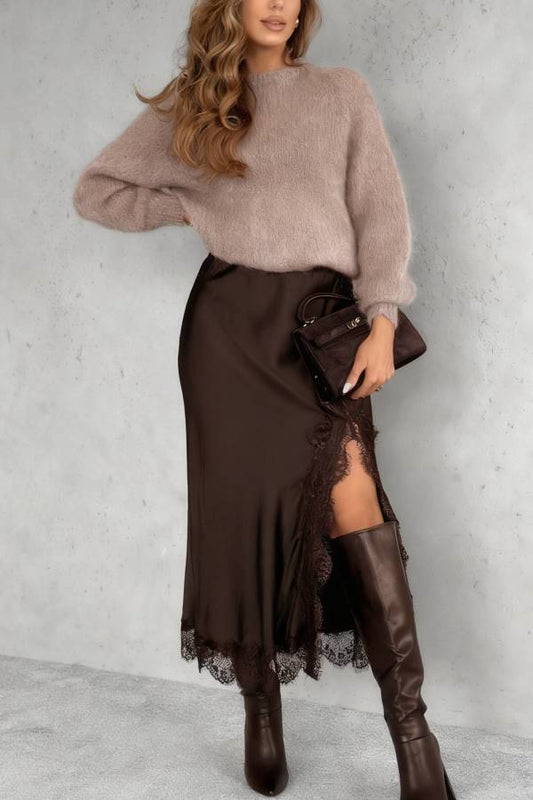 Hot Topic Chocolate Viscose Satin Midi Skirt with Lace