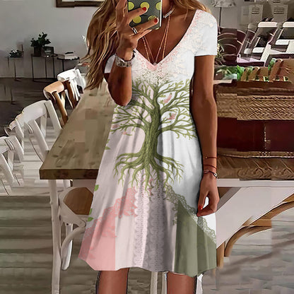 Women's Retro Tree Of Life Short Sleeve Dress