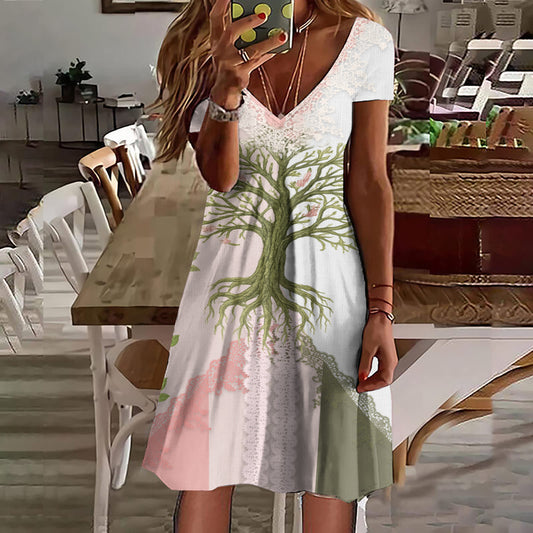 Women's Retro Tree Of Life Short Sleeve Dress