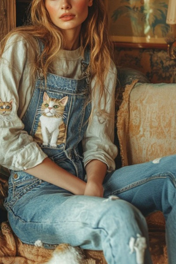 Butterfly-Painted Retro Denim Overalls