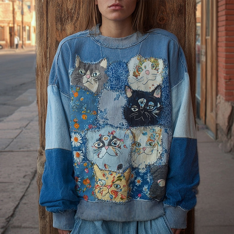 Cute Cats Boho Floral Embroidered Patchwork Washed Sweatshirt