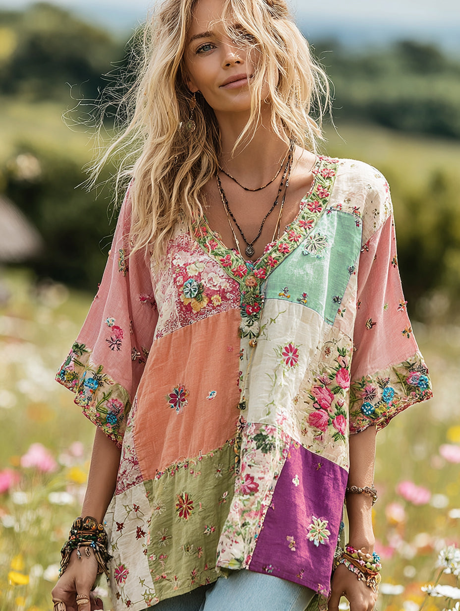 Women's Vintage Floral Print V-neck T-shirt d33c