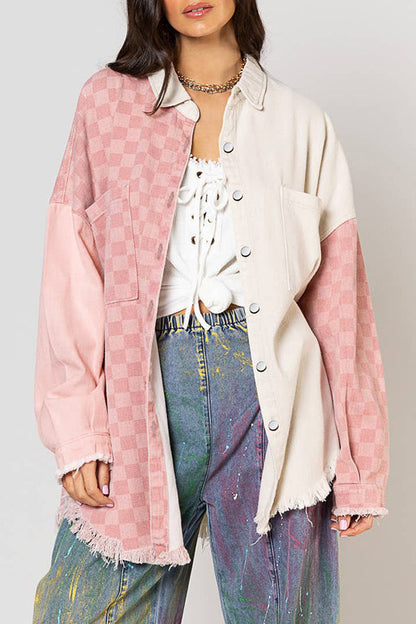 Check Panel Fringe Denim Jacket