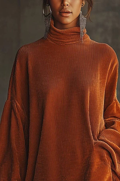 Orange corduroy loose tassel hem high collar dress