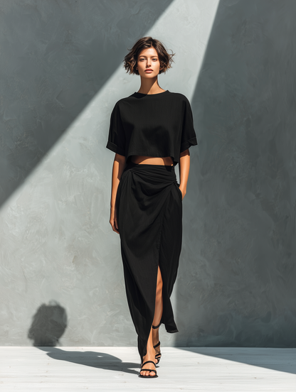 Women’s Black Linen-Blend Cropped T-Shirt & Ruched Wrap Maxi Skirt With Slit Two-Piece Set MDZ2581D0T