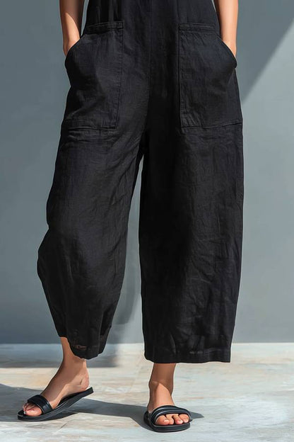 Black Minimalist Faux Linen Button-down Collar Sleeveless Loose-fitting Jumpsuit