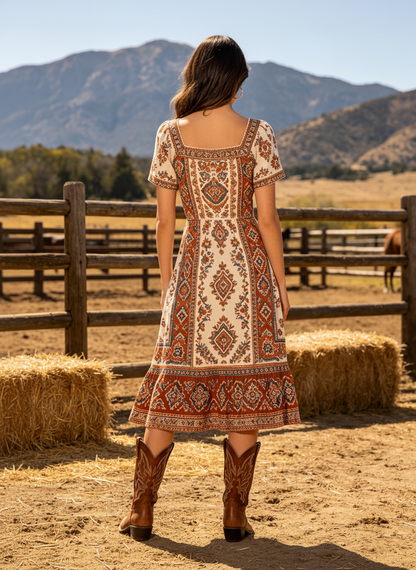 Women's Western Cowboy Printed Boho Midi Dress With Square Neck And Tassel Detail
