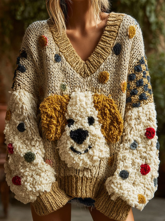 Lady Retro Cute Dog Plush Comfortable Knitted Sweater.