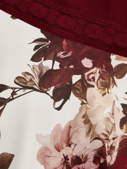 Wine Red Lace Floral Satin V Neck Short Sleeve A-Line Maxi Dress