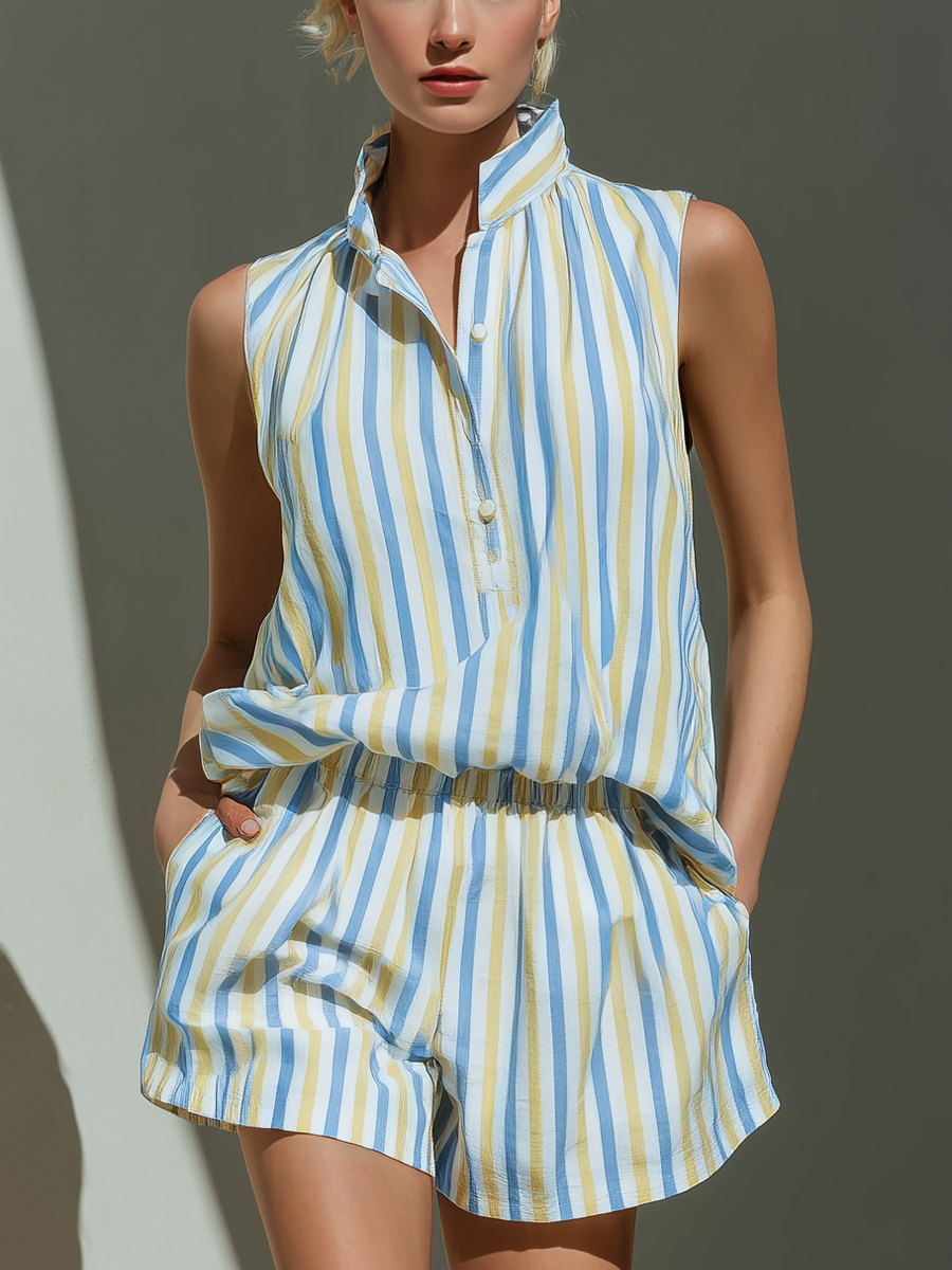 Women’s Blue & Yellow Striped Two-Piece Set: Sleeveless Half-Button Shirt & Elastic Waist Shorts With Pockets MDZ2288D1T