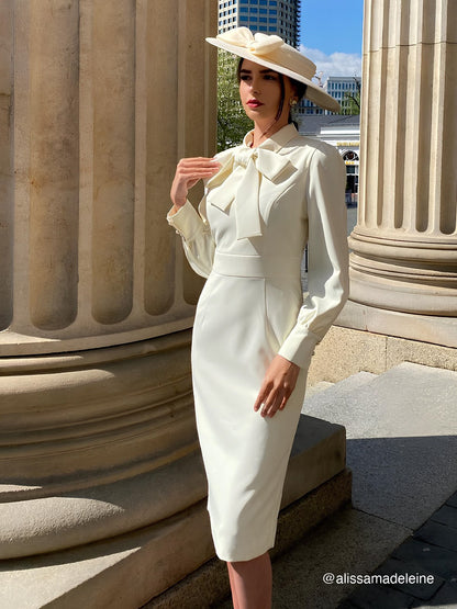 Off White Bow Classic Crew Neck Long Sleeve Sheath Midi Dress