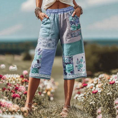 Women's Patchwork Rose Floral Contrast Waist Elastic Pocket Shorts c6d0