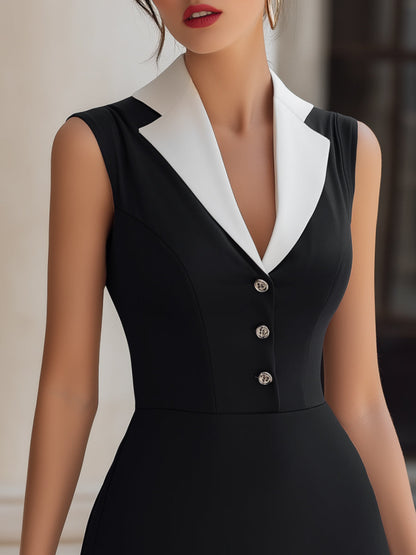 Contrast Lapel Button-Front Dress With Ruffled Hem