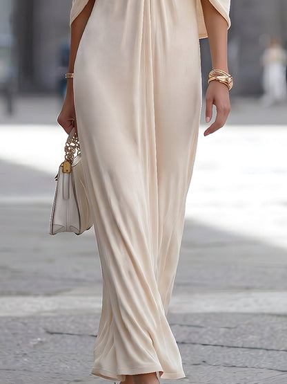 Pleated Cape Sleeve Draped Maxi Dress